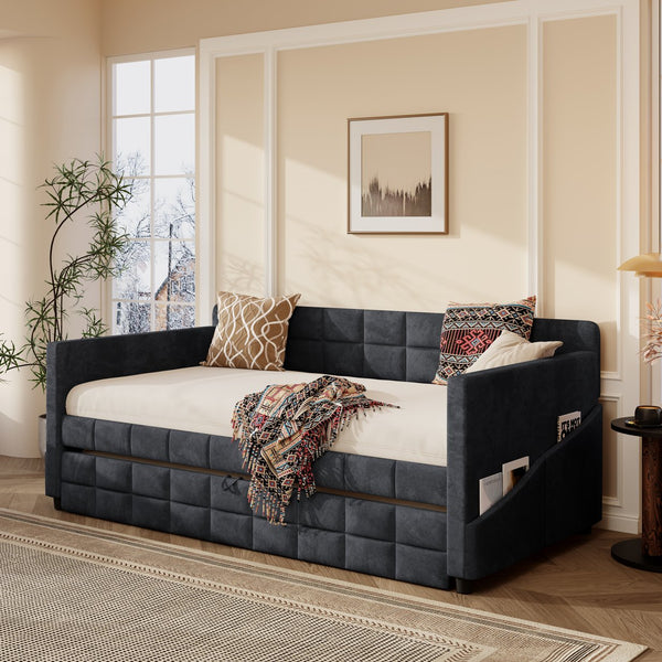 English Elm Modern Velvet Twin Daybed with Pull Out Trundle and Built in Armrest Storage Pockets Black SF000200AAB