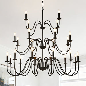 English Elm Farmhouse 24 Light Black Metal Chandelier for High Ceiling Dining and Living Rooms W5008P391535