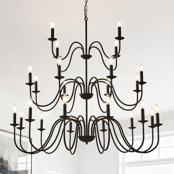 English Elm Farmhouse 24 Light Black Metal Chandelier for High Ceiling Dining and Living Rooms W5008P391535