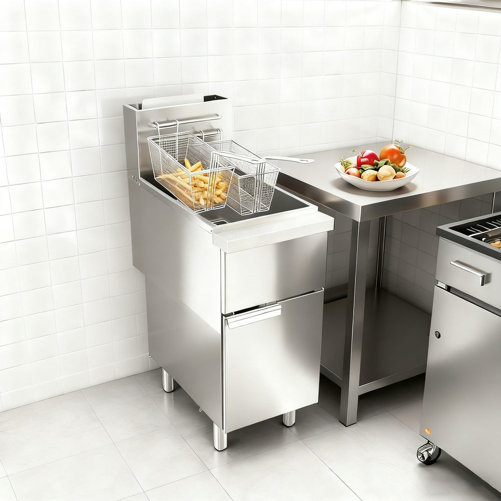 English Elm Commercial Gas Floor Fryer Stainless Steel 120000 Btu Four Tube Burner 50lb Capacity W5057P394295