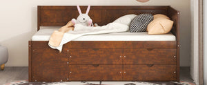 English Elm Twin Daybed with Two Pull Out Drawers and Open Shelves for Small Bedroom Storage Walnut LP102022AAD