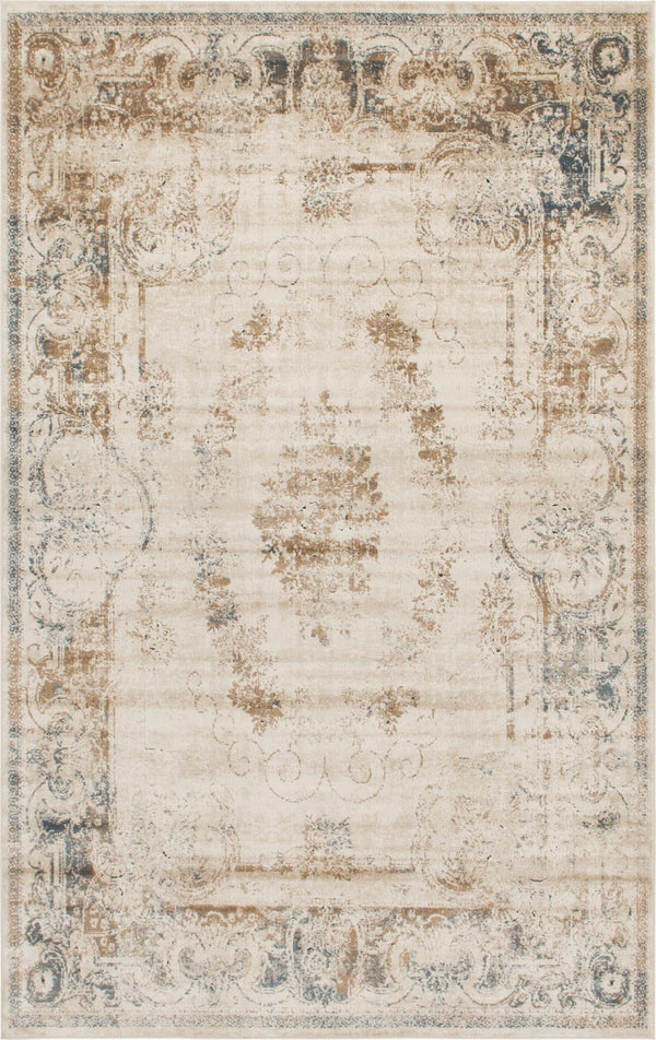 Unique Loom Chateau Lincoln Machine Made Border Rug Blue Cream, Brown/Gray/Beige 6' 1" x 9' 0"