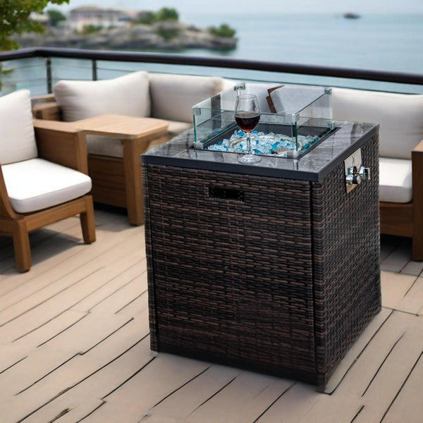 English Elm 24" 50000 BTU Propane Fire Pit Table with Windshield, Ceramic Tile Top, Wicker Base & Cover W85343026