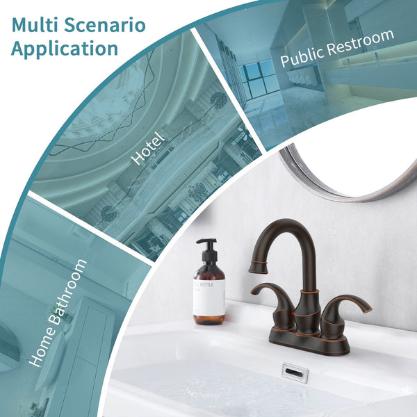 English Elm Oil Rubbed 2-Handle Crescent Moon Bathroom Faucet 4" Centerset with 360° Swivel, Pop-Up Drain & Hoses T3177P277488