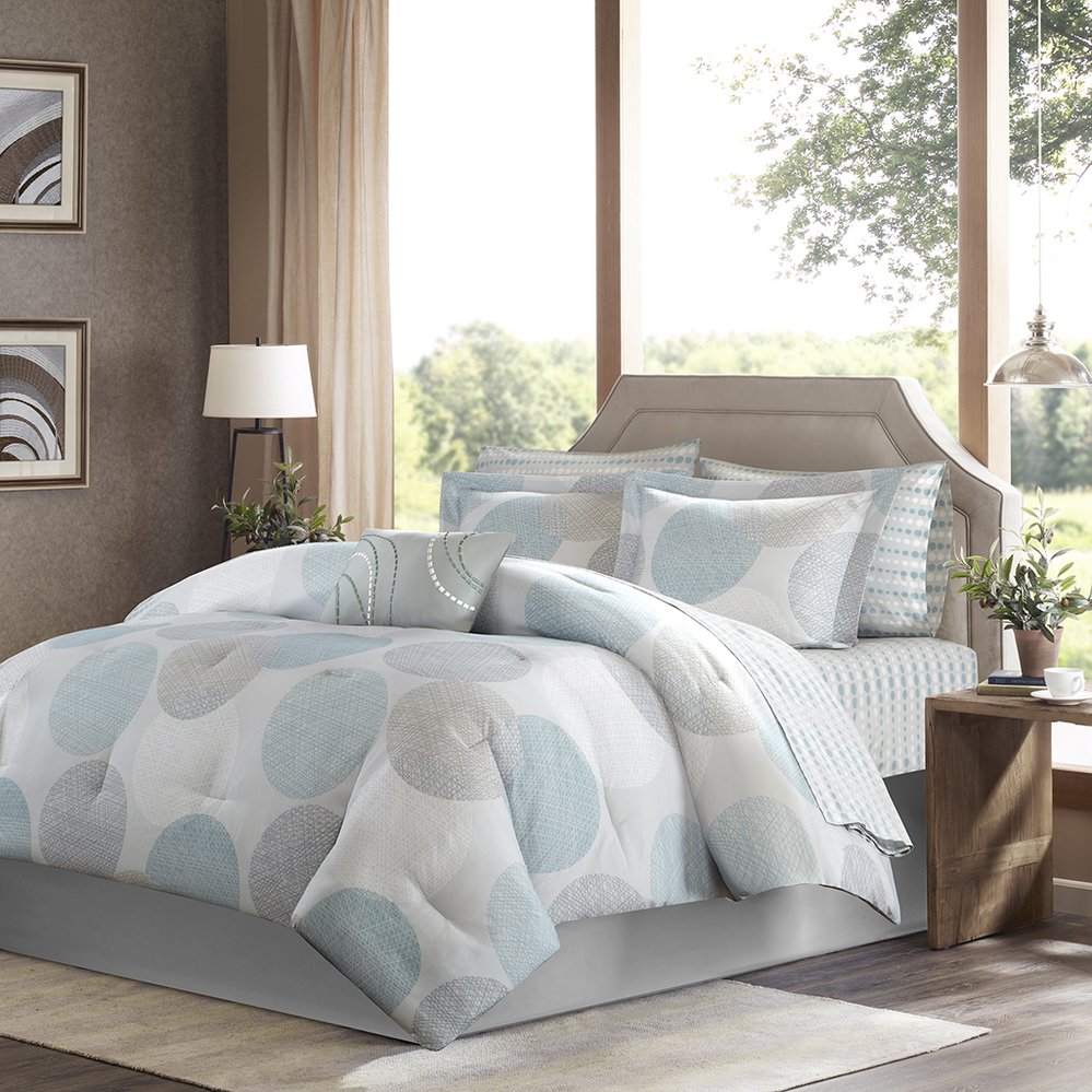 JLA Home Madison Park Essentials - 9 Piece Comforter Set Modern Aqua Geometric Bedding with Cotton Sheets, Grey Bed Skirt, Anti-Microbial Finish MPE10-162