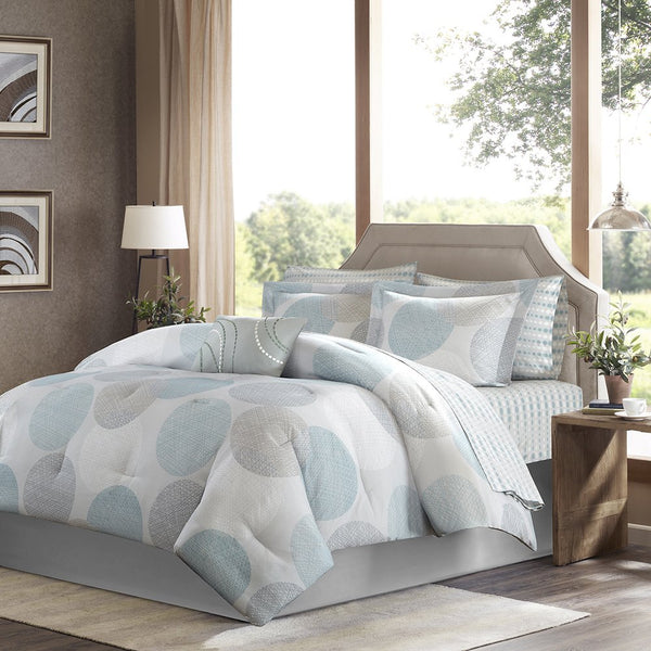 JLA Home Madison Park Essentials - 7 Madison Park Essentials Knowles comforter set with geometric aqua print, cotton sheets, OEKO-TEX protection 86 L x 68 W x 1.5H MPE10-158