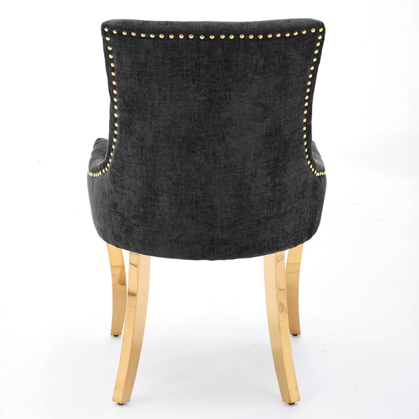 English Elm Chenille Modern Dining Chair with Curved Gold-Plated Legs, Rivet Trim, Textured Upholstery Comfort Black W1143P332685