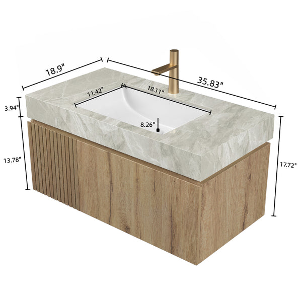 English Elm MURI Modern Wall-Mounted Vanity with Sintered Stone Top and Ceramic Basin, Plywood Cabinet, 39" Light Gray,White Oak W2615S00338