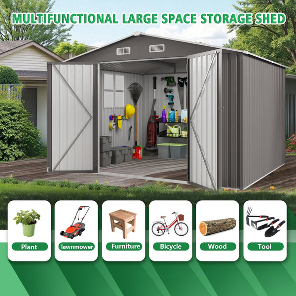 English Elm 10x12ft Galvanized Steel Outdoor Storage Shed with Vented Windows and Lockable Doors W3213S00008