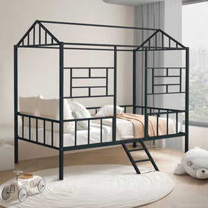 English Elm Black Twin Loft Bed with House-Style Gable, Full Metal Frame, Angled Ladder, Modern Kids Bunk Black 15 L x 78 W x 7 H B2741P347293