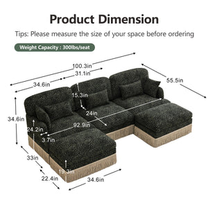 English Elm 100"comfy Chenille Leopard Print U-shaped Sectional with Tassel Trim and Modular Ottomans Green W5656S00033
