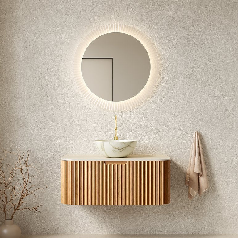 English Elm Dina Floating Bathroom Vanity Sintered Stone Top Glass Basin Striped Plywood Cabinet W2615S00699