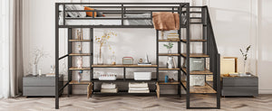 English Elm Full Metal Loft Bed Full Size with Staircase, Built-In Desk & Shelves, Black, Sturdy Space-Saving Setup GX001132AAB