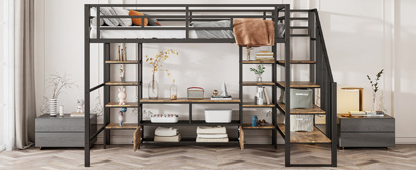 English Elm Full Metal Loft Bed Full Size with Staircase, Built-In Desk & Shelves, Black, Sturdy Space-Saving Setup GX001132AAB