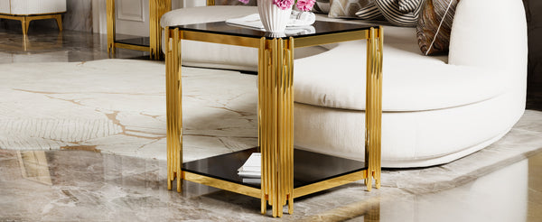 English Elm Modern Round Mirrored Glass End Table with Gold Metal Frame and Lower Display Shelf Black N735P380093B