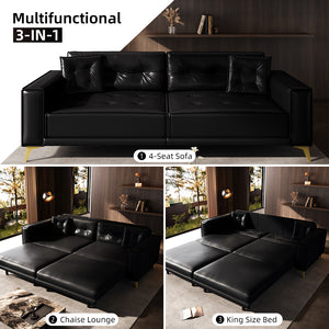 English Elm 92.1"King 3-in-1 Convertible Sleeper Sofa Bed with Tufted Faux Leather, Ultra-Wide Arms, 4-Seater Couch Black W1885S00208
