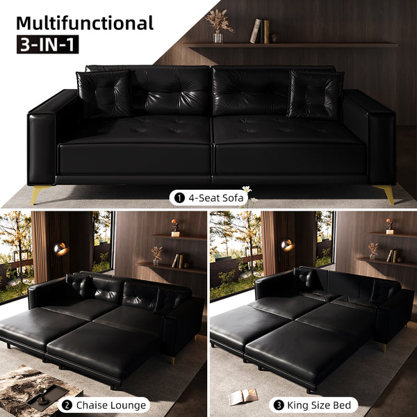 English Elm 92.1"King 3-in-1 Convertible Sleeper Sofa Bed with Tufted Faux Leather, Ultra-Wide Arms, 4-Seater Couch Black W1885S00208