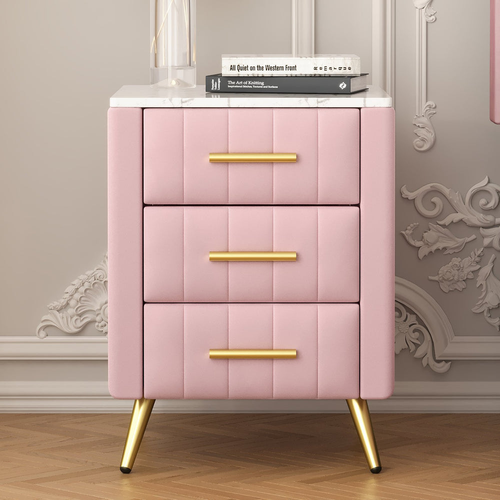English Elm Upholstered Velvet Nightstand with Faux Marble Top Three Drawers and Slim Metal Legs Pink N733P208520H