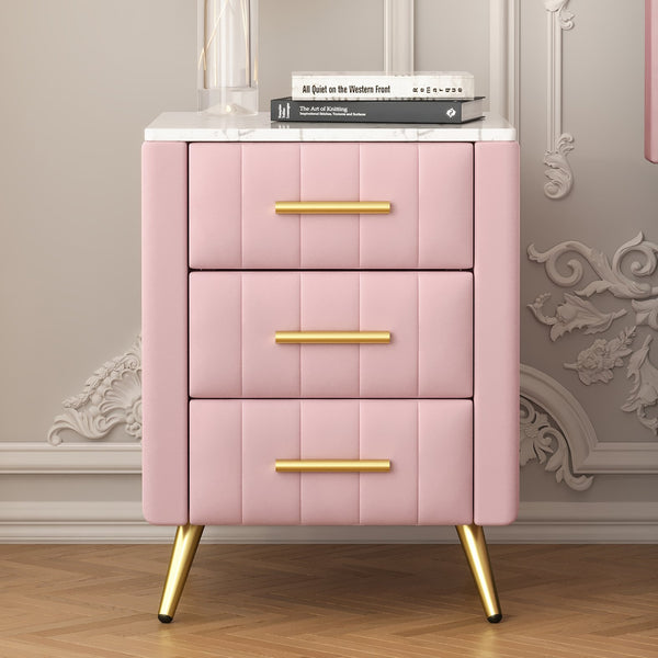English Elm Upholstered Velvet Nightstand with Faux Marble Top Three Drawers and Slim Metal Legs Pink N733P208520H