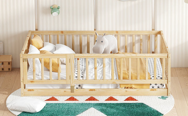 English Elm Full Montessori Floor Bed with Fence and Door, Natural Pine Slatted Full Size Bed, 300lb Capacity, Easy Assemble Oak W1820P369889