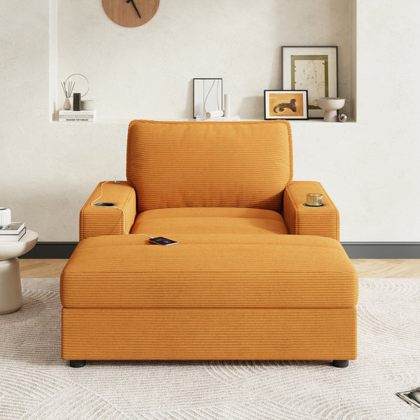 English Elm Christopher Knight Home® - 42.8" Oversized Chaise Lounge with Storage Ottoman, Corduroy Upholstery, USB Port & Cup Holders for Cozy Living Space Yellow N765P350851Y