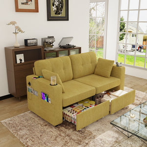 English Elm Sofas for Living Room Chenille Three Seat Couch with Usb Charging Storage and Cup Holder Mustard Yellow W395S00145
