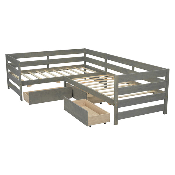 English Elm Twin L-Shaped Platform Bed with Three Spacious Drawers, Solid Pine & MDF, Clean-Lined Design Gray N7090000468E