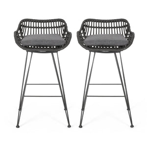 English Elm Christopher Knight Home® - DALE Hand-Wrapped Outdoor Wicker Barstool Set of 2 with Water-Resistant Cushions and Iron Frame Grey 65482.00GRY