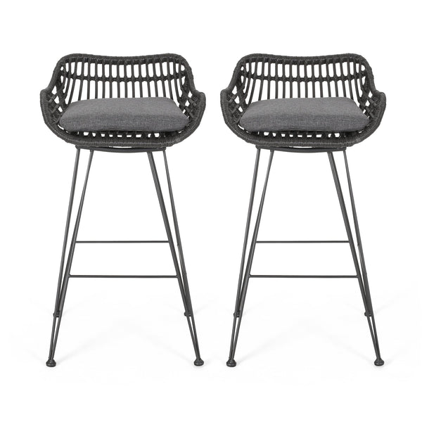 English Elm Christopher Knight Home® - DALE Hand-Wrapped Outdoor Wicker Barstool Set of 2 with Water-Resistant Cushions and Iron Frame Grey 65482.00GRY