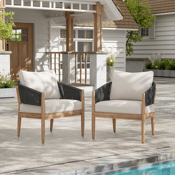 English Elm Christopher Knight Home® - Verona Outdoor Club Chairs Set Of 2 - Stylish Acacia Wood, Beige Cushions & Black Rope Accents N775P309256B