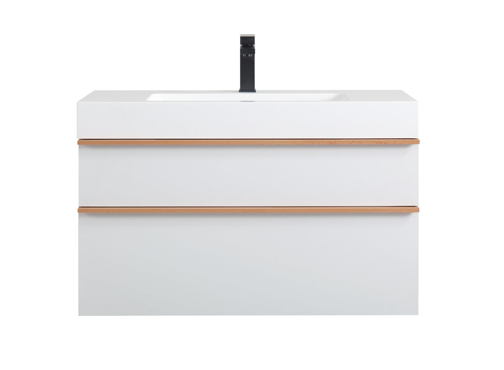 English Elm VELA 36 Inch Wall Mounted Bathroom Vanity with Integrated Acrylic Sink, Dual Wood Handles, Soft-Close Drawers, Matte Finish White W3235P327598