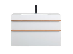 English Elm VELA 36 Inch Wall Mounted Bathroom Vanity with Integrated Acrylic Sink, Dual Wood Handles, Soft-Close Drawers, Matte Finish White W3235P327598