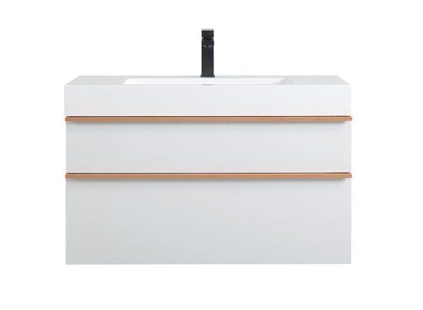 English Elm VELA 36 Inch Wall Mounted Bathroom Vanity with Integrated Acrylic Sink, Dual Wood Handles, Soft-Close Drawers, Matte Finish White W3235P327598