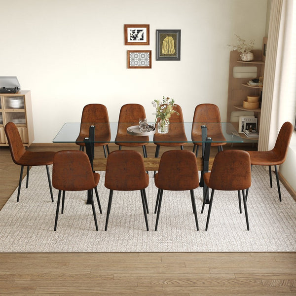 English Elm Table With 10 Ergonomic Chairs Set - Modern Glass Top, X-Shaped Black Metal Base, Stylish Comfort! W1151S04089-GIGA