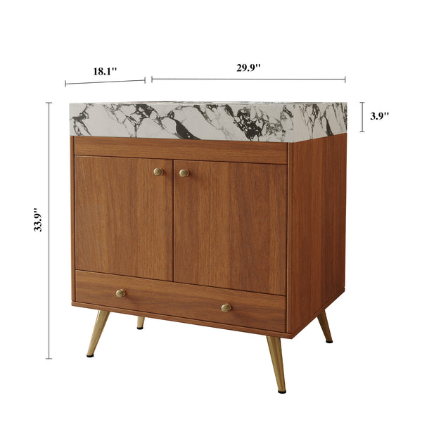 English Elm Mid-century Freestanding Bathroom Vanity Faux Marble Ceramic Sink Gold Legs Storage W3136S00067
