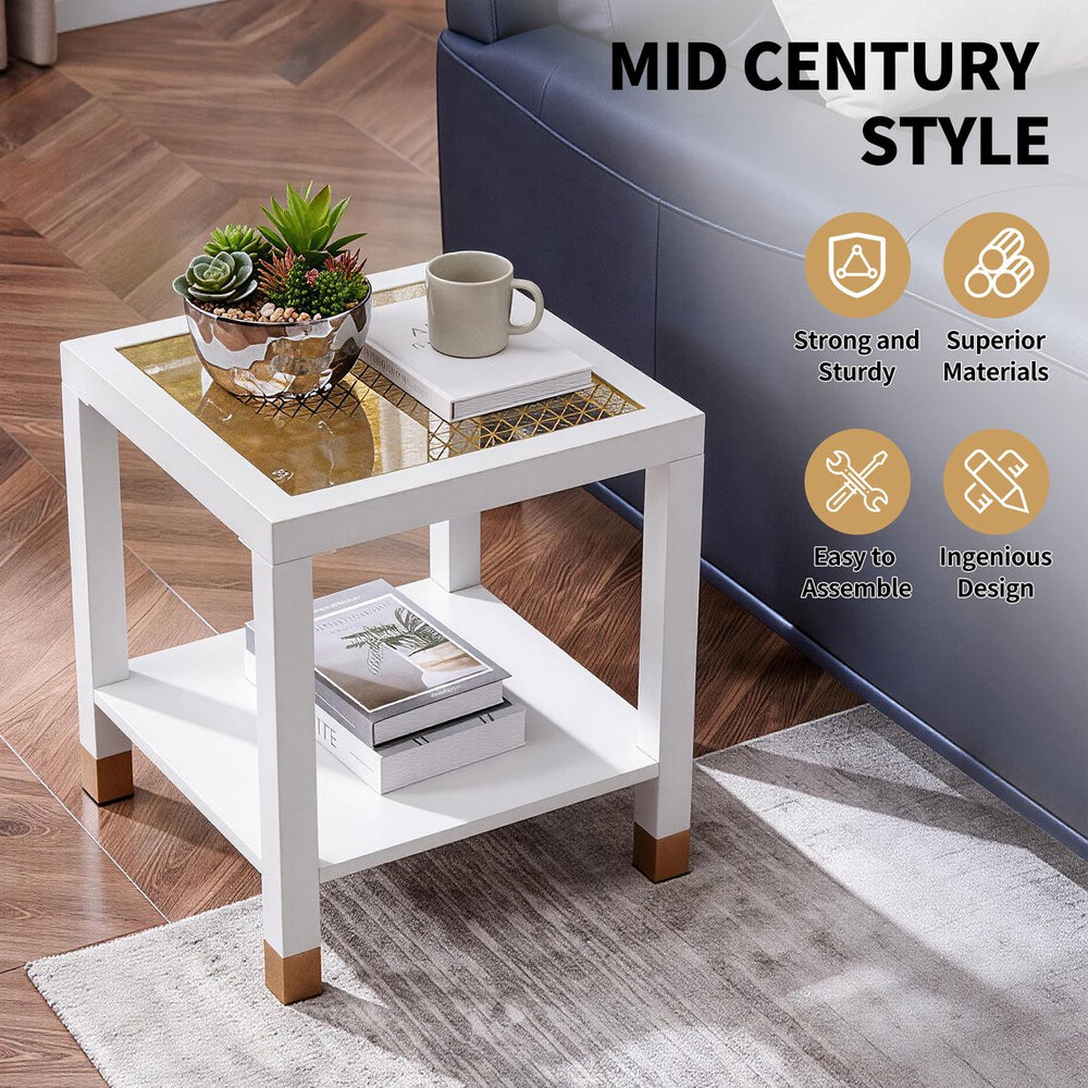 English Elm Glass Two Tier Square Side Table with Gold Mesh Tempered Top and Black Metal Frame White+Gold W3587P456323