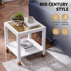 English Elm Glass Two Tier Square Side Table with Gold Mesh Tempered Top and Black Metal Frame White+Gold W3587P456323