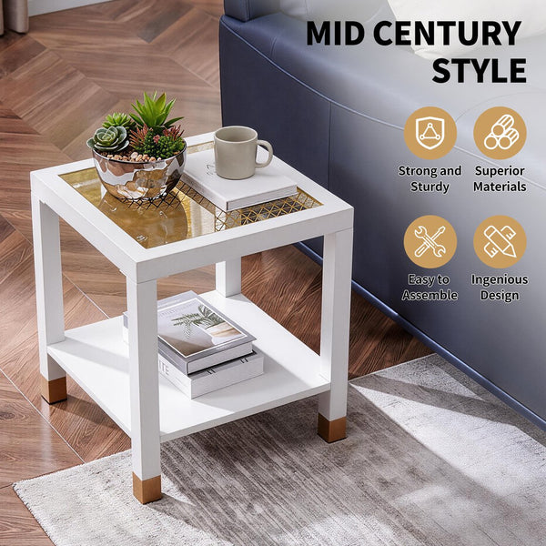 English Elm Glass Two Tier Square Side Table with Gold Mesh Tempered Top and Black Metal Frame White+Gold W3587P456323
