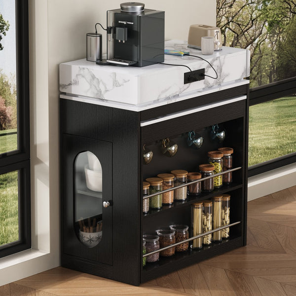 English Elm [video] Trexm Folding Extendable Kitchen Island Sideboard with Power Outlet and Storage XW000028AAB