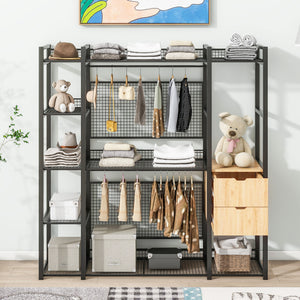 English Elm Open-Style Wardrobe Storage System with Heavy-Duty Metal Frame, Rails, Shelves & Drawers - Sleek Durable Design for Organized Living Black SF000087AAB
