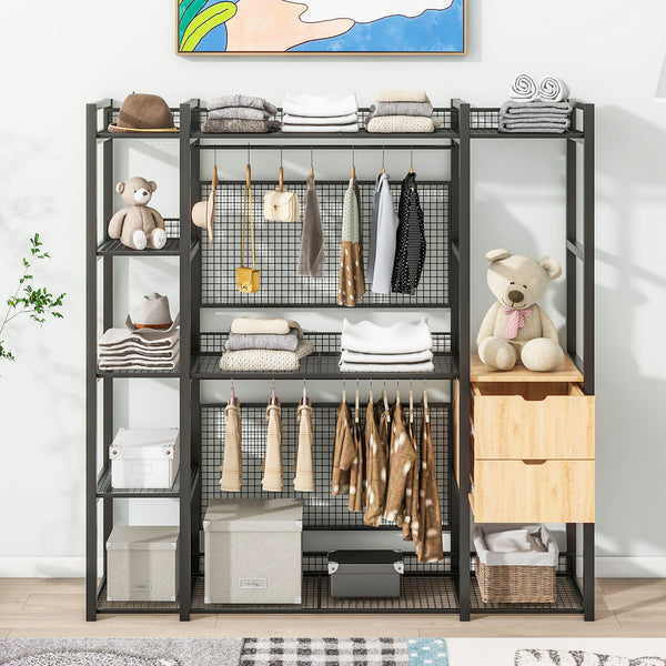 English Elm Open-Style Wardrobe Storage System with Heavy-Duty Metal Frame, Rails, Shelves & Drawers - Sleek Durable Design for Organized Living Black SF000087AAB