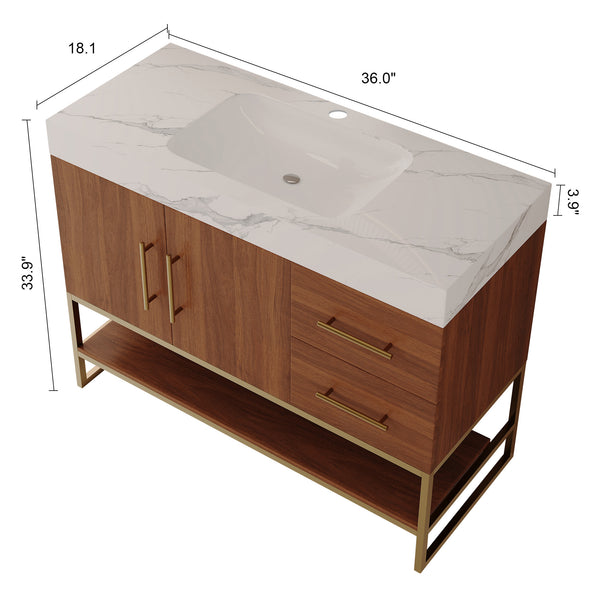 English Elm 36" Freestanding Bathroom Vanity Sintered Stone Top Integrated Basin Gold Hardware W3136S00057
