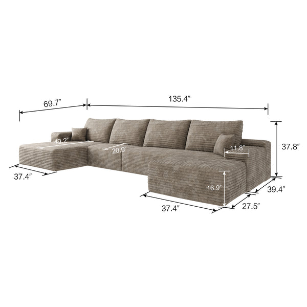 English Elm 135" Cloud Sectional Sofa With Ottoman - Modern U-Shaped Lounge Couch In Plush Corduroy For Comfort W2824S00059