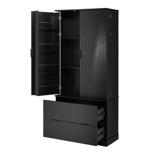 English Elm 72" Modern Fluted Pantry Cabinet with 2 Large Silent Drawers, 8-Door Spice Rack & Adjustable Shelf Organizer Black W2917P294988