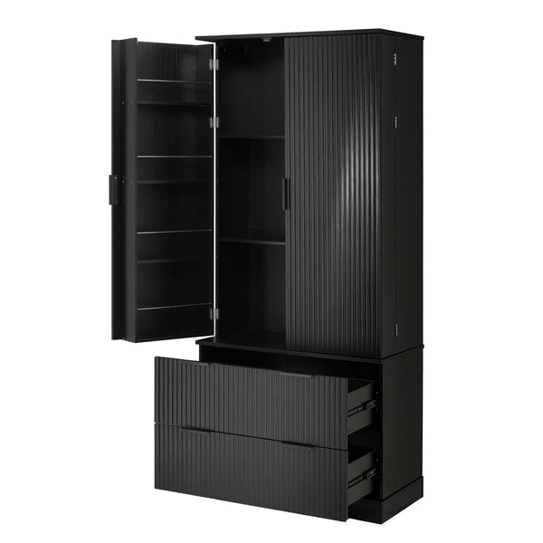 English Elm 72" Modern Fluted Pantry Cabinet with 2 Large Silent Drawers, 8-Door Spice Rack & Adjustable Shelf Organizer Black W2917P294988