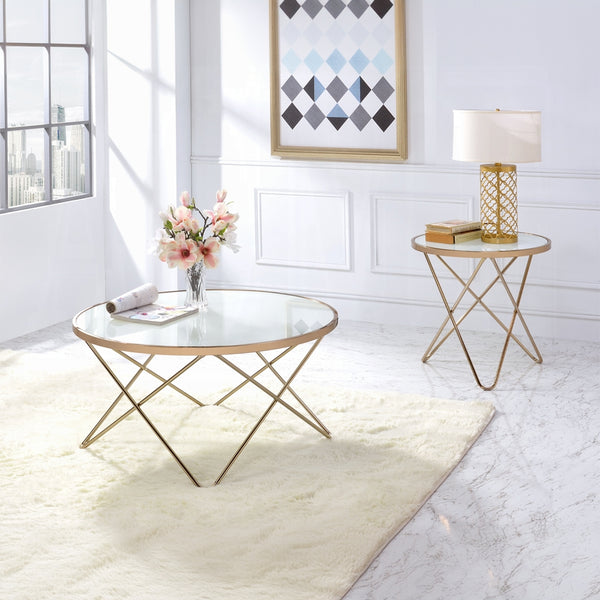 English Elm 1pc Mid-Century End Table with Frosted Round Glass Top and Sleek Metallic Frame, 22" Square Champagne 24.5 L x 33.5 W x 5 H B2741P332643