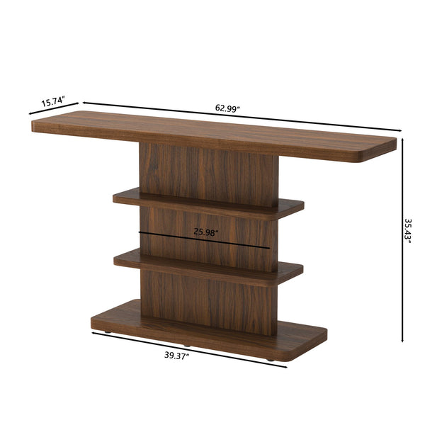 English Elm 63"vintage Walnut Console Table Two Open Shelves Slim Hallway Living Room Accent W757P399696