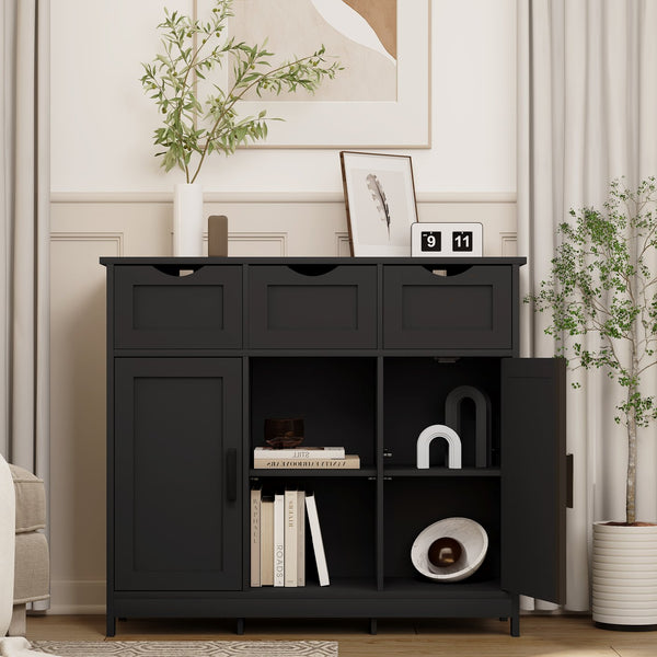English Elm Storage Wooden Floor Cabinet with Drawers & Adjustable Shelves for Living Room Bedroom Bathroom Decor Black W2386P192272