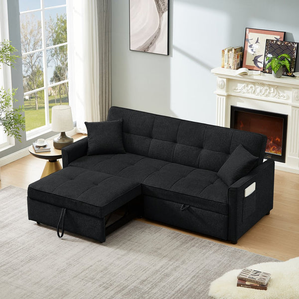 English Elm 3 Convertible Sleeper Sofa Bed with Pull-Out Chaise, Storage Armrests & Pockets, Compact Loveseat Couch Black W2318P268629