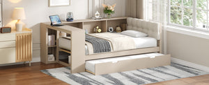 English Elm Wood Twin Platform Bed Linen Headboard Storage Shelves Trundle Charging Station Cream N709P004023C